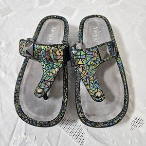 Alegria Carina Leather Thong Sandals Silver Stud 9 CAR-372 Adjustable Hook Loop